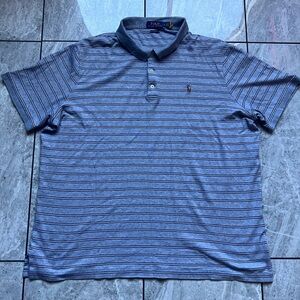 Polo Ralph Lauren Men's Grey Striped 100%Cotton Short Sleeve Polo Shirt Pony L